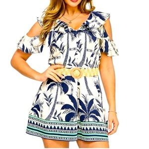 Milk & Honey Rayon Tropical Print Cold Shoulder Ruffle Detail Romper with Belt